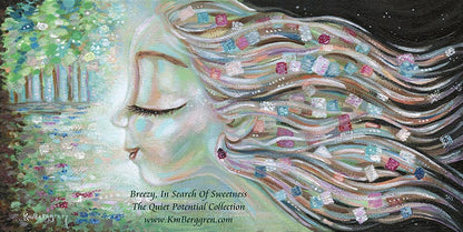 Artistic depiction of a woman with flowing hair and colorful flowers, with text overlay. original artwork by kmberggren, woman's profile painting, woman in forest, meditation artwork, soothing calm painting of women