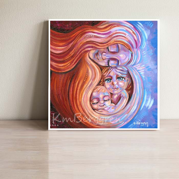 cheerful artwork of mother cradling two happy children with big blue eyes, purple and blue soft and vibrant art print by kmberggren