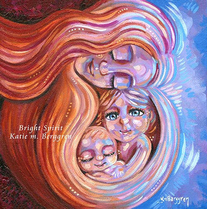 cheerful artwork of mother cradling two happy children with big blue eyes, purple and blue soft and vibrant original painting by kmberggren