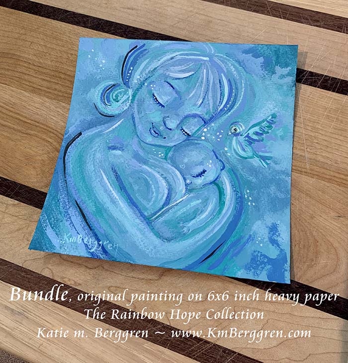 light blue painting of mother and child, mom and new baby painting, artwork of mom and baby, new baby gift, new baby with bird art, sky blue art print, blue wall decor, hopeful art for moms, kmberggren, km berggren