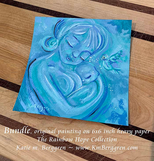 light blue painting of mother and child, mom and new baby painting, artwork of mom and baby, new baby gift, new baby with bird art, sky blue art print, blue wall decor, hopeful art for moms, kmberggren, km berggren