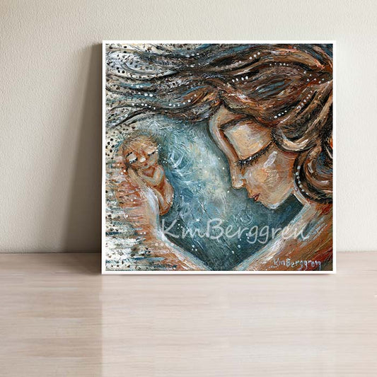 art print of mother holding tiny angel baby up to heaven