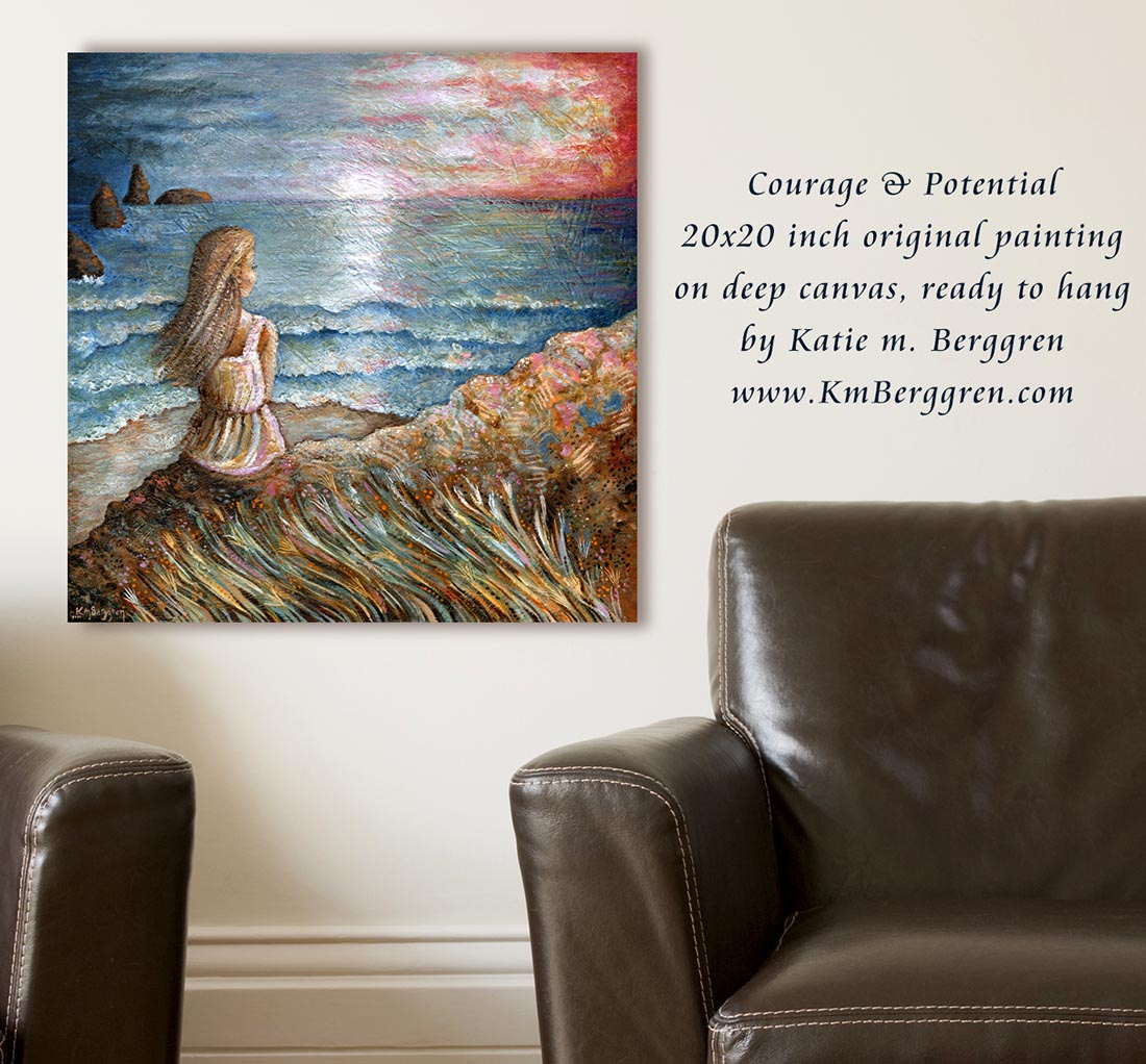 woman looking out on beach, ocean art painting, kmberggren, colorful painting of woman, lone woman painting, warm art, sea short art, ocean horizon painting, woman alone, solitude art, serenity painting