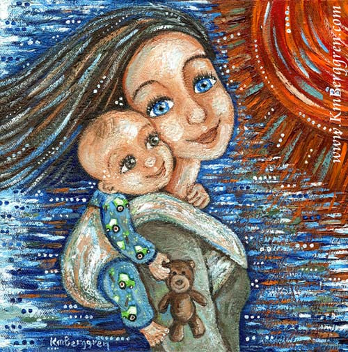 brunette mother babywearing a bald baby with green brown eyes, blue eyed mother art, babywearing painting, wrapping baby art, gift for babywearing mom, teddy bear art print, sun and blue sky art print