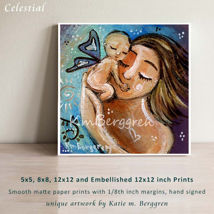 baby angel hugging mommy's face, brunette mother with winged baby, blue and purple artwork print by kmberggren