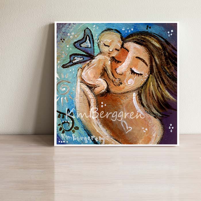 baby angel hugging mommy's face, brunette mother with winged baby, blue and purple artwork print by kmberggren, mother of an angel, loss art gift for mom, sympathy gift after loss, angel baby, winged baby and mommy