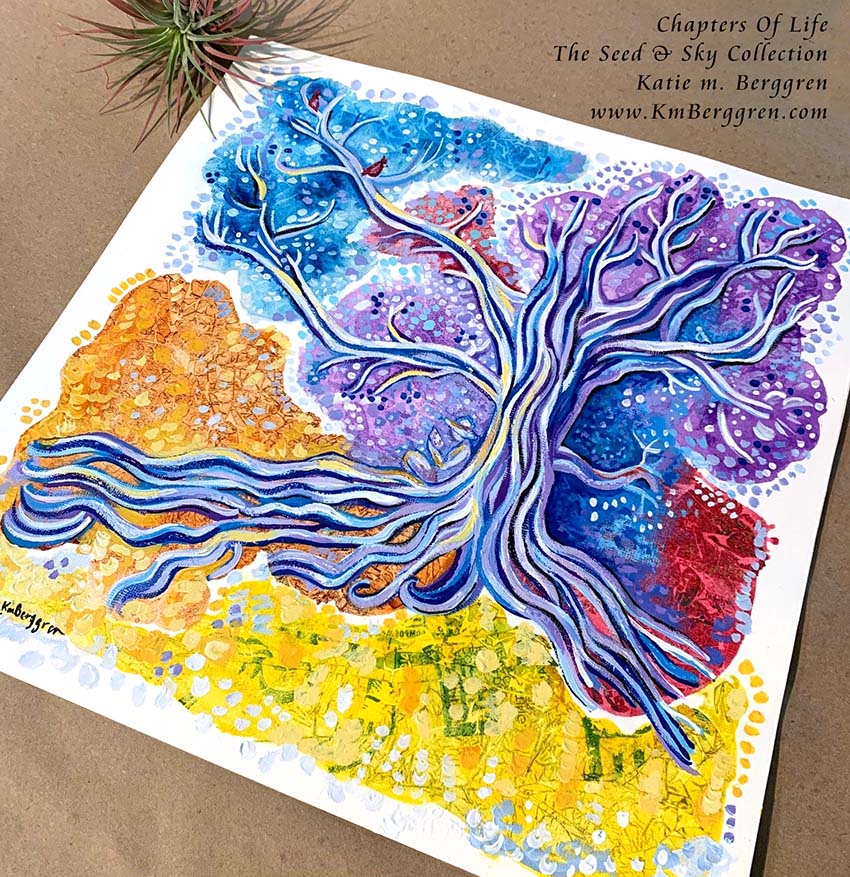 woman reading beneath beautiful colorful tree with birds and visual texture, warms and cools, organic patterns, kmberggren painting, paintings of trees and nature