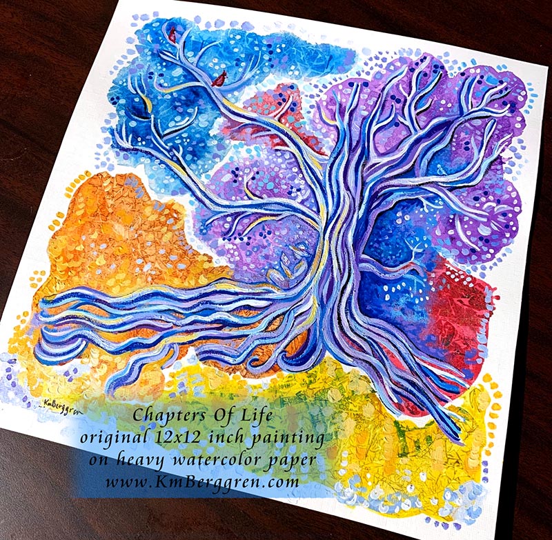 woman reading beneath beautiful colorful tree with birds and visual texture, warms and cools, organic patterns, kmberggren painting, paintings of trees and nature