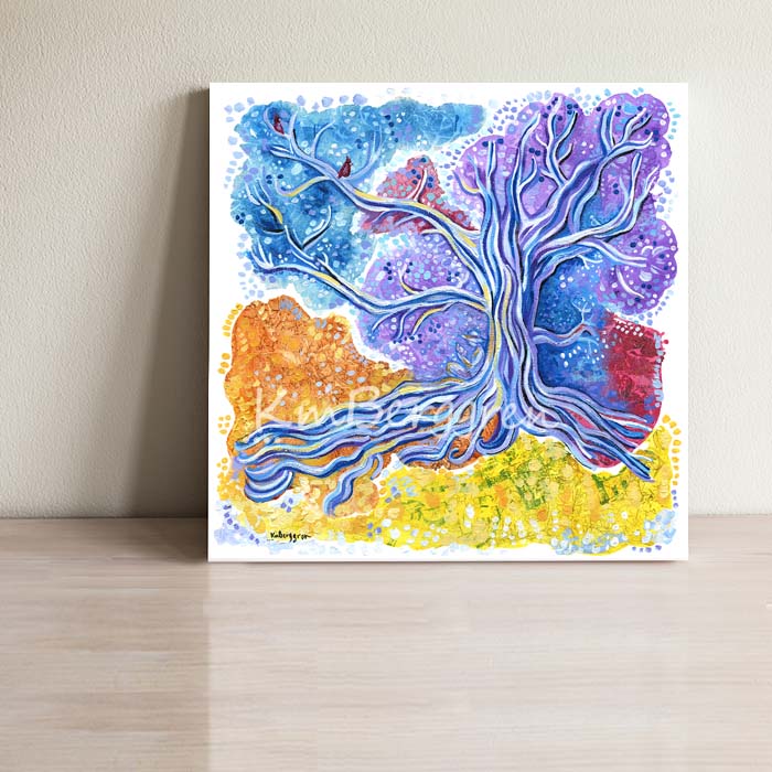 woman reading beneath beautiful colorful tree with birds and visual texture, warms and cools, organic patterns, kmberggren painting, paintings of trees and nature