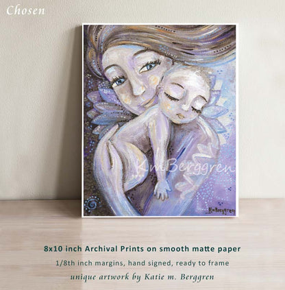 purple art print of a mother with blonde hair holding a bald child against her chest, mommy baby artwork, purple and violet maternity art decor, blue eyed mother and naked baby artwork by kmberggren