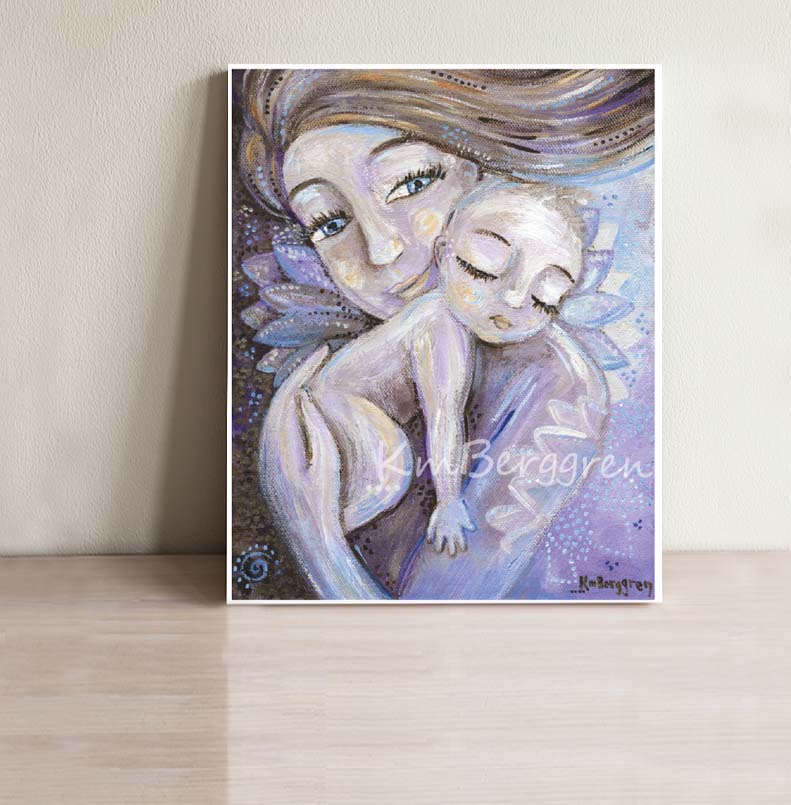 purple art print of a mother with blonde hair holding a bald child against her chest, mommy baby artwork, purple and violet maternity art decor, blue eyed mother and naked baby artwork by kmberggren