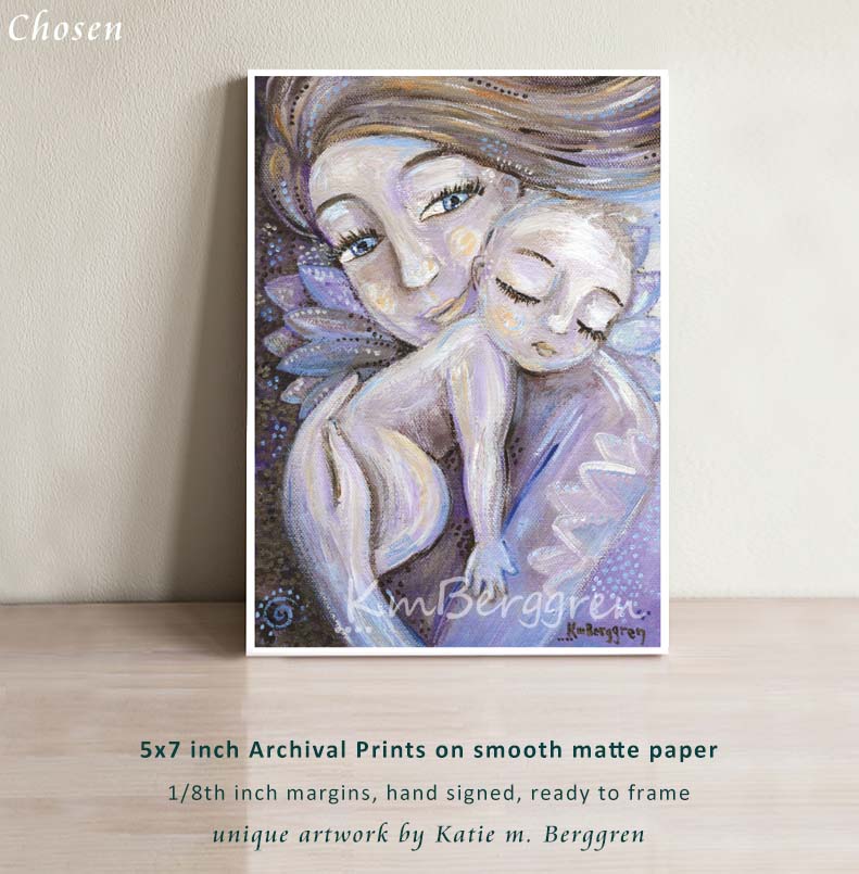 purple art print of a mother with blonde hair holding a bald child against her chest, mommy baby artwork, purple and violet maternity art decor, blue eyed mother and naked baby artwork by kmberggren