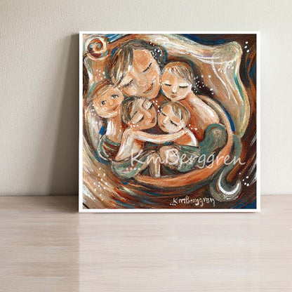 an art print of a mother sleeping in a bed circled by her four children, cuddling  kids, cosleeping with mommy