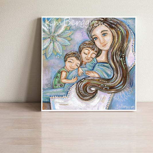 a purple and blue art painting of a pregnant mother with two children and a big blue flower, big sister big brother new baby