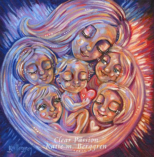 mother of 5 artwork, original painting of mom and five kids, bright and vivid artwork by kmberggren, sisters and brothers cuddles in mom's arms, mom cradling 5 kids in red and blue original artwork