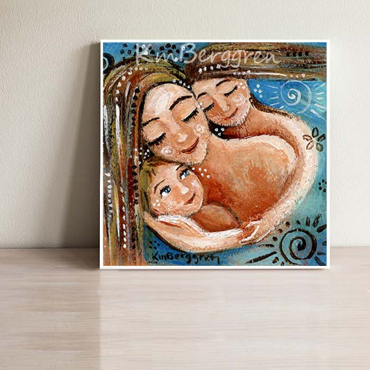 a blue art print of a blonde mother with two children, a daughter and a son, and a swirl sunshine