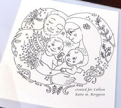 Custom 8x8 inch Original Line Drawing ~ Personalized Family Art