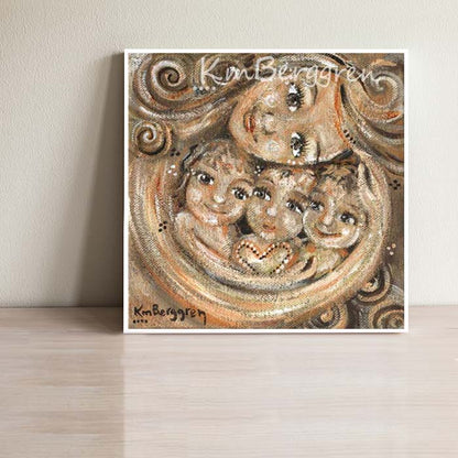 warm neutral toned art print showing mother with curly hair and three children with a heart