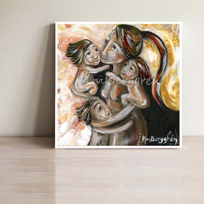 pink and yellow art print of long red haired mother holding three toddler girls or boys with longish hair