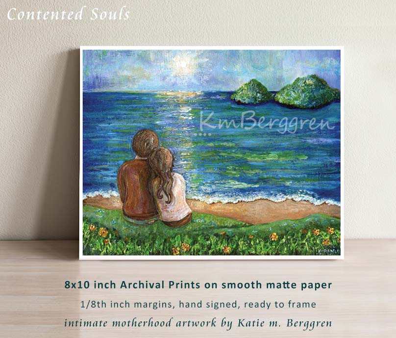 contented souls, man and woman overlooking tropical islands, art print by KmBerggren, peaceful art for husband, vibrant art for wife