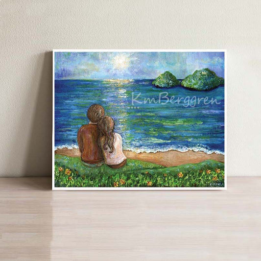 contented souls, man and woman overlooking tropical islands, art print by KmBerggren, peaceful art for husband, vibrant art for wife