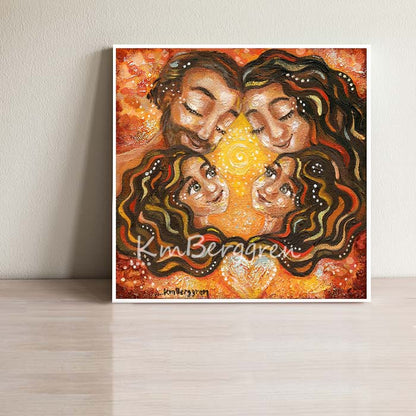 Mexican family of four, dad, mom, twin girls, stunning warm red, orange painting with heart, kmberggren motherhood art