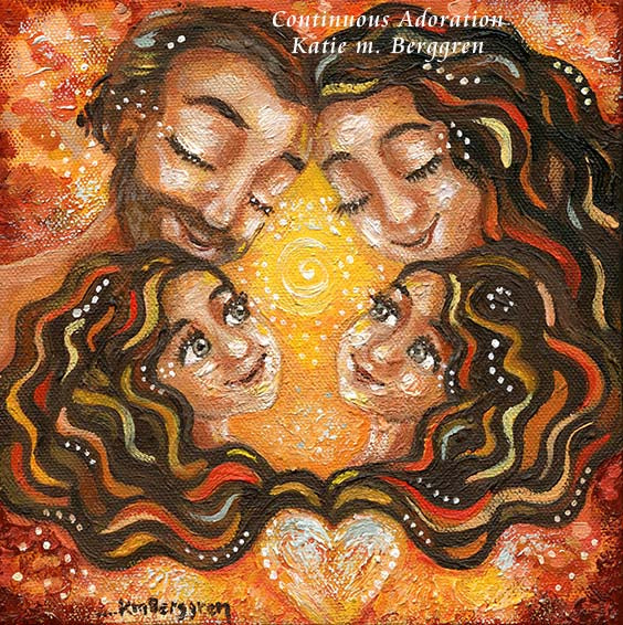 mother, bearded father, twin brunette girl sisters painting by KmBerggren, sisters and parents art, brunette family, mother and daughters painting