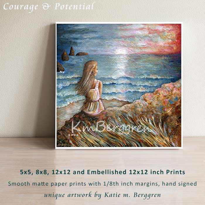 woman overlooking the beach, pink sunset woman painting, lone woman, strong woman artwork, warm and hopeful art, gift for growing daughter, gift for grown girl, granddaughter gift, courageous woman, hopeful artwork, inspirational art for girls