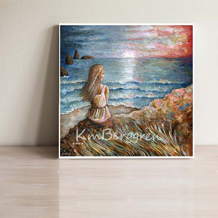 woman overlooking the beach, pink sunset woman painting, lone woman, strong woman artwork, warm and hopeful art, gift for growing daughter, gift for grown girl, granddaughter gift, courageous woman, hopeful artwork, inspirational art for girls