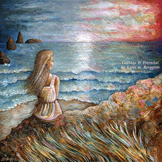 woman overlooking the beach, pink sunset woman painting, lone woman, strong woman artwork, warm and hopeful art, gift for growing daughter, gift for grown girl, granddaughter gift, courageous woman, hopeful artwork, inspirational art for girls
