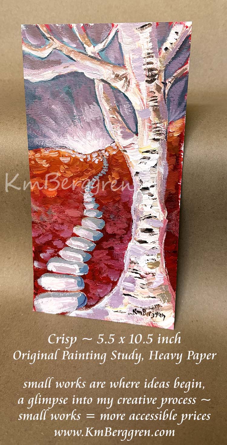 A vertical painting on heavy paper depicting a birch tree with a winding stone path, rendered in red, purple, white, and gray tones. Painting by KmBerggren, inspirational artwork for women, kimberggren, katie m berggren paintings