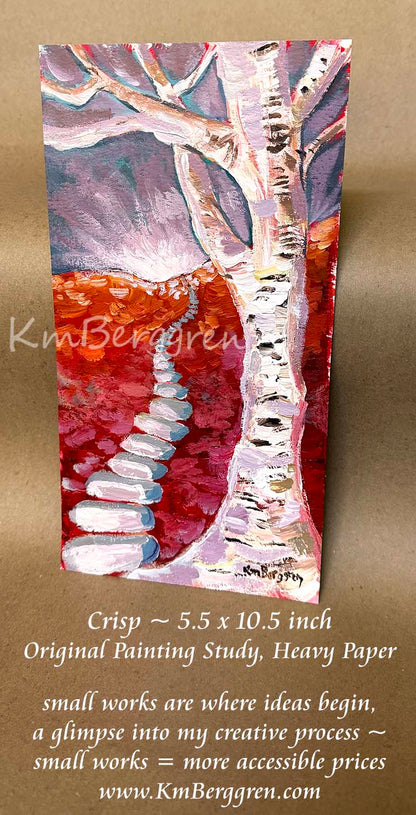 A vertical painting on heavy paper depicting a birch tree with a winding stone path, rendered in red, purple, white, and gray tones. Painting by KmBerggren, inspirational artwork for women, kimberggren, katie m berggren paintings