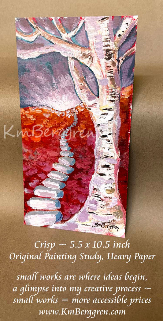 A vertical painting on heavy paper depicting a birch tree with a winding stone path, rendered in red, purple, white, and gray tones. Painting by KmBerggren, inspirational artwork for women, kimberggren, katie m berggren paintings