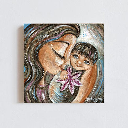 brunette mother and blue eyed brunette child. smiling baby with lily flower. stargazer lily. mother baby artwork by Katie m. Berggren, unique mothers day gifts