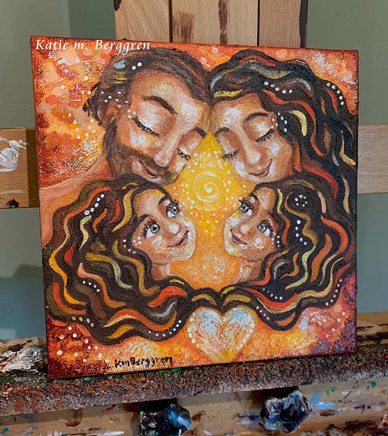 mother, bearded father, twin brunette girl sisters painting by KmBerggren, sisters and parents art, brunette family, mother and daughters painting
