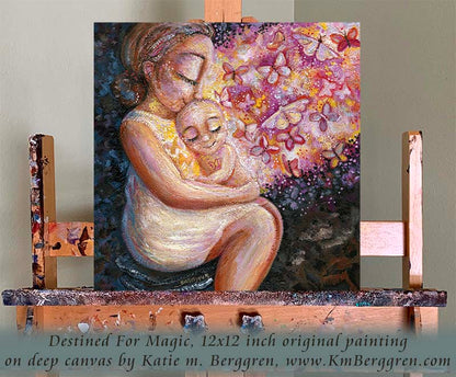 mother holding baby in her lap, plus-size mother art, plus size woman painting, butterfly painting, butterfly artwork, painting of mom and baby, heavyset mother and baby artwork, pink orange butterfly painting