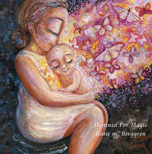 mother holding baby in her lap, plus-size mother art, plus size woman painting, butterfly painting, butterfly artwork, painting of mom and baby, heavyset mother and baby artwork, pink orange butterfly painting