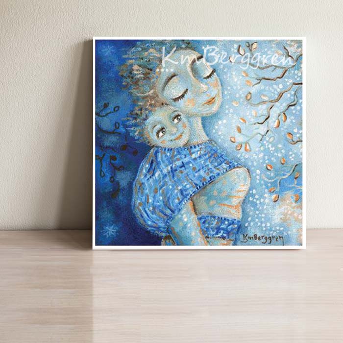 blue artwork showing a mother with her face to the sky, wearing a smiling baby on her back, tree branches with leaves in front of them