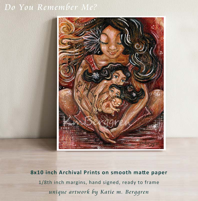 brown skinned warm mother with black hair cradling 2 black haired daughters and a baby, bright red and gold background, tree vines, tatto, warm earthy inner child artwork, gorgeous maternity paintings