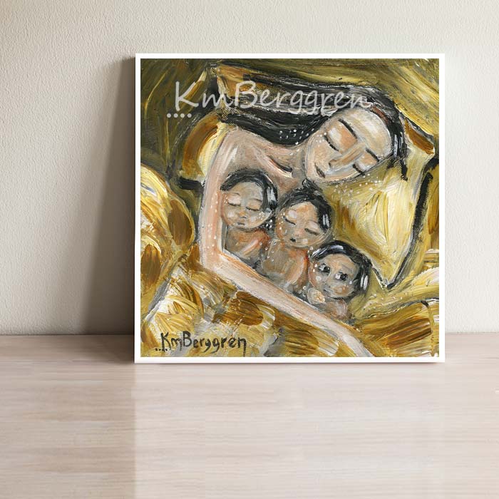 art work showing a black haired mother sleeping in a yellow bed with three black haired children