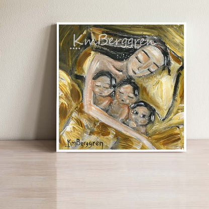 art work showing a black haired mother sleeping in a yellow bed with three black haired children