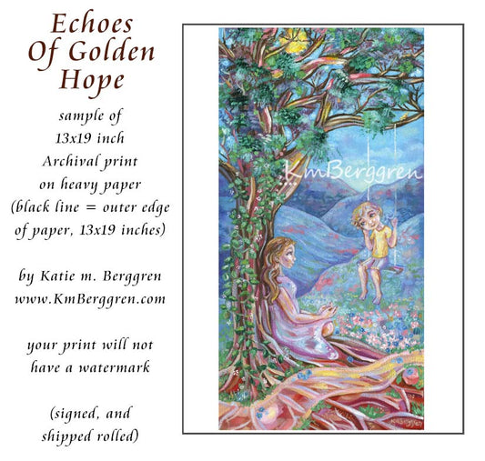 vertical tall print on paper or canvas of a woman resting beside a path, leaning against a tree that holds a swinging child in front of her, in pinks and greens and blues with canyons and grass blooming with pink, white and blue blossoms and forget-me-nots. Original painting by kmberggren, paintings of mothers, hopeful artwork, inspirational artwork for women, gifts for mom, art for women, paintings of trees, kimberggren, kmberggren, katie berggren