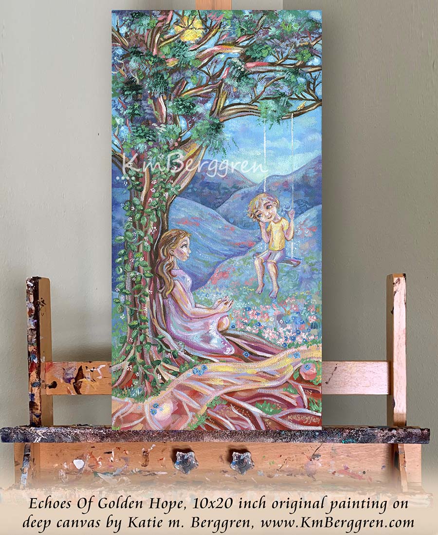vertical tall painting on canvas of a woman resting beside a path, leaning against a tree that holds a swinging child in front of her, in pinks and greens and blues with canyons and grass blooming with pink, white and blue blossoms and forget-me-nots. Original painting by kmberggren, paintings of mothers, hopeful artwork, inspirational artwork for women, gifts for mom, art for women, paintings of trees, kimberggren, kmberggren, katie berggren