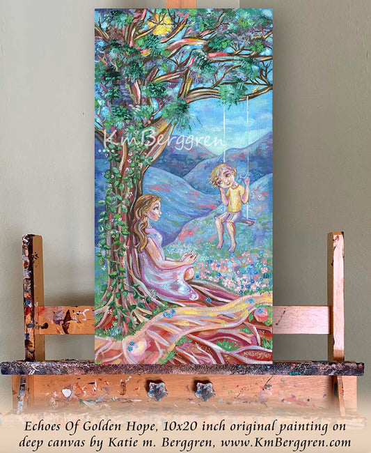 vertical tall painting on canvas of a woman resting beside a path, leaning against a tree that holds a swinging child in front of her, in pinks and greens and blues with canyons and grass blooming with pink, white and blue blossoms and forget-me-nots. Original painting by kmberggren, paintings of mothers, hopeful artwork, inspirational artwork for women, gifts for mom, art for women, paintings of trees, kimberggren, kmberggren, katie berggren