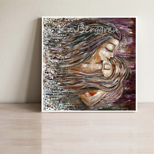 mother and daughter art print, painting of mom and little girl with long hair, artwork of long haired mother and long hair daughter cuddled together by KmBerggren