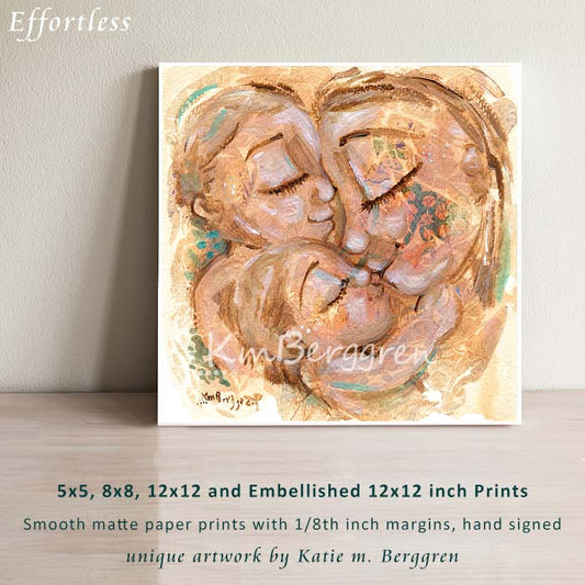 Effortless - Golden Mother 2 Kids Kissing Art Print