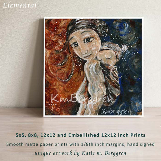 red and blue artwork of mother wearing an infant on her back by KmBerggren, warm and cool art, seasonal artwork, tender paintings of mommy wearing a baby on her back