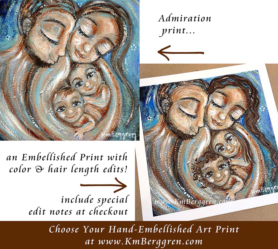personalized art print of father and mother cradling two children, mom dad two babies, twins, multiples, brothers, sisters, brother and sister in mom's arms, cradled by dad, fatherhood