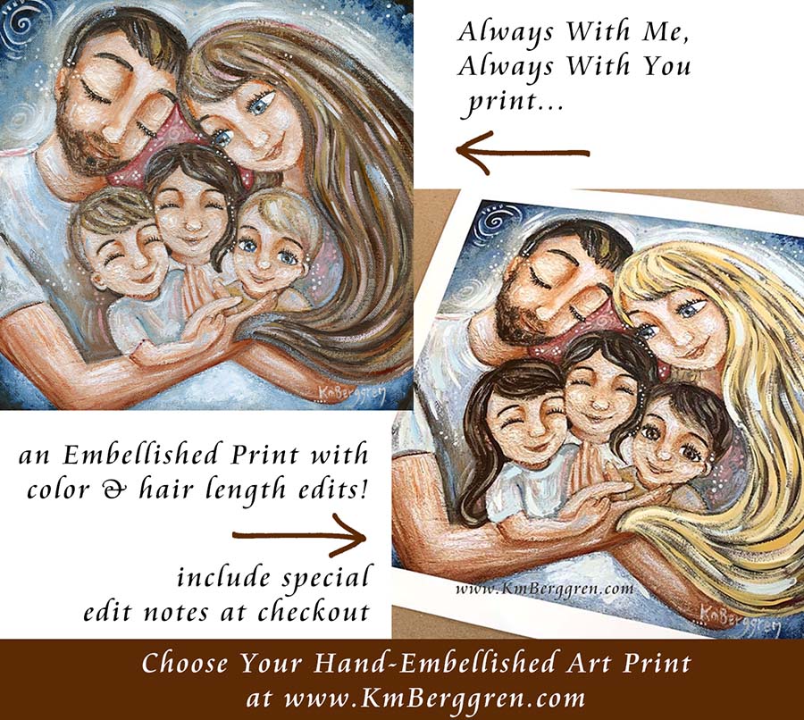 mother and father with three children, long light brown hair mom, dad with facial hair art, three brothers artwork, three kids and parents art print, customizable family of 5 art, personalized family art