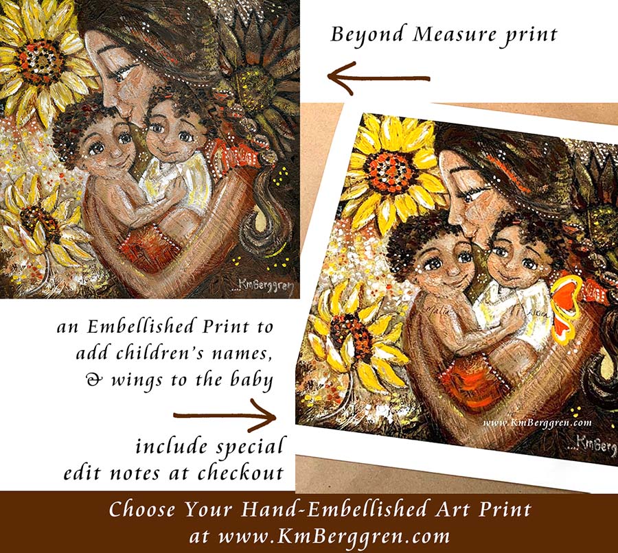 personalized art print of mother with two children, personalized print, customize colors on art print, custom hair and eye colors, mother cradling two children art print - embellish for hair and eye color changes